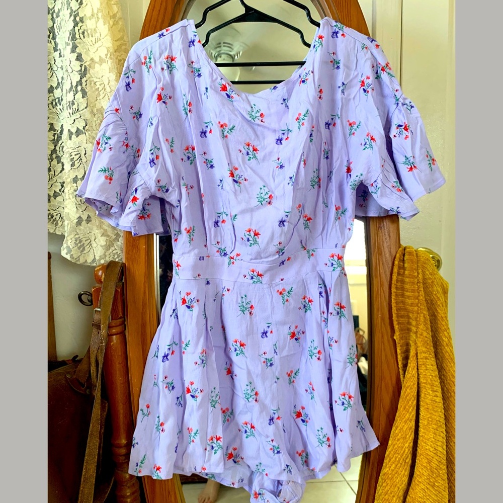 Light Purple, Flowered Romper with Open Back